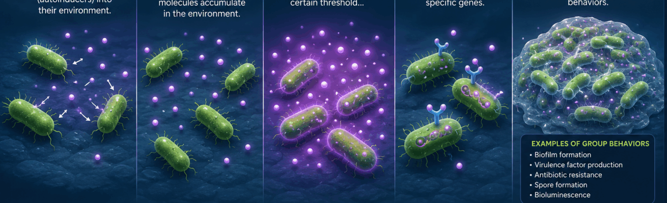 Illustration showing bacterial quorum sensing where bacteria release and detect signaling molecules to coordinate biofilm formation and group behavior.