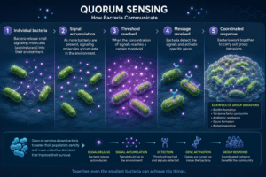 Illustration showing bacterial quorum sensing where bacteria release and detect signaling molecules to coordinate biofilm formation and group behavior.