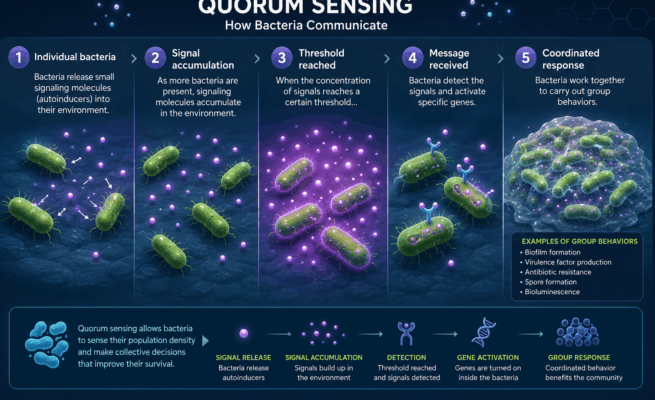 Illustration showing bacterial quorum sensing where bacteria release and detect signaling molecules to coordinate biofilm formation and group behavior.