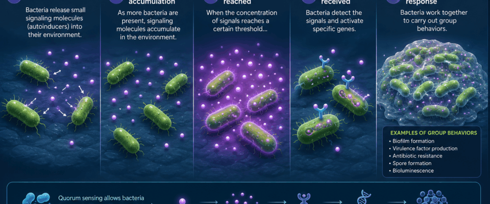 Illustration showing bacterial quorum sensing where bacteria release and detect signaling molecules to coordinate biofilm formation and group behavior.